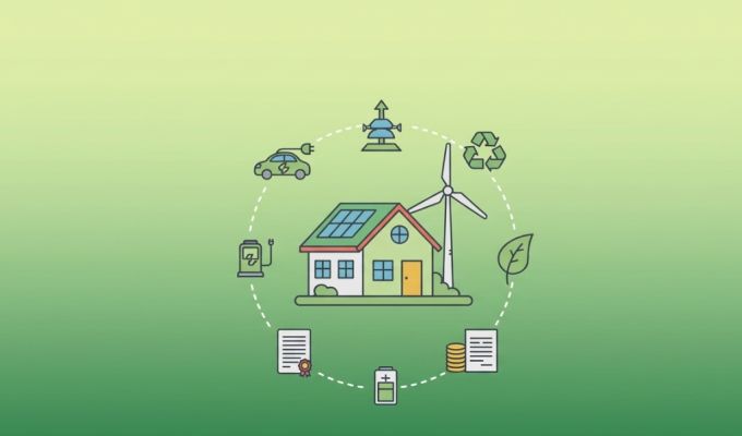 obrazek przedstawia domek jednorodzinny z wiatrakiem obok a dookoła symbole listek, recycling ładowarka elektryczna, samochód elektryczny