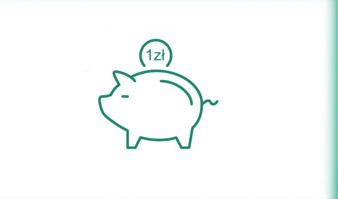 ikona świnka skarbonka i wpadająca do niej moneta 1 zł