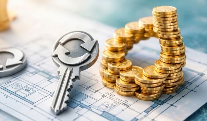 kartka z projektem achitektonicznym na którym ułożone są monety jedna na drugiej, oraz leży obok klucz