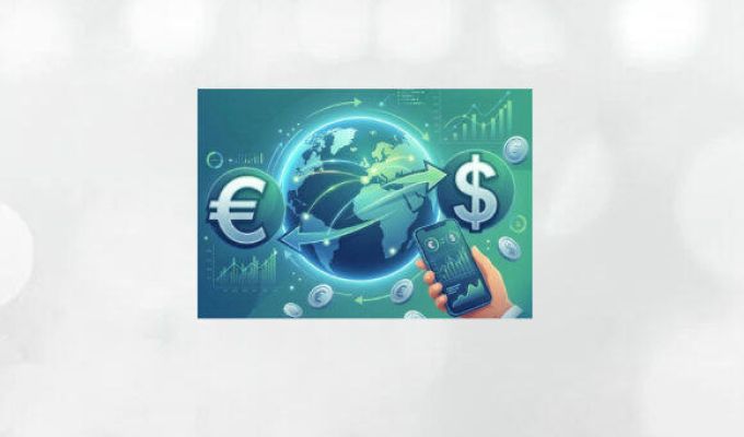 grafika z symbolami kuli ziemskiej otoczonej symbolem euro i dolara a na pierwszym planie telefon trzymany w ręce