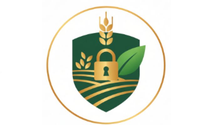 Tarcza w kółku z symbolami złotych kłosów, zielonym liściem i kłódką
